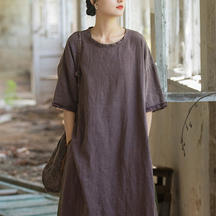 Camiseta de manga corta para mujer con estampado de Buddha Stones , ramio y lino, con bajo dividido. - image 22