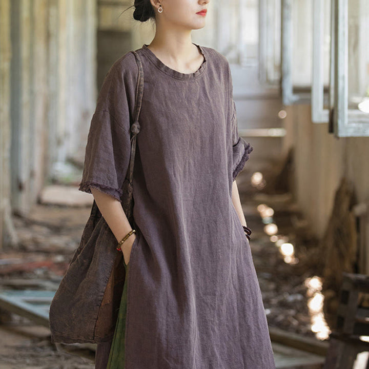 Camiseta de manga corta para mujer con estampado de Buddha Stones , ramio y lino, con bajo dividido. - image 26