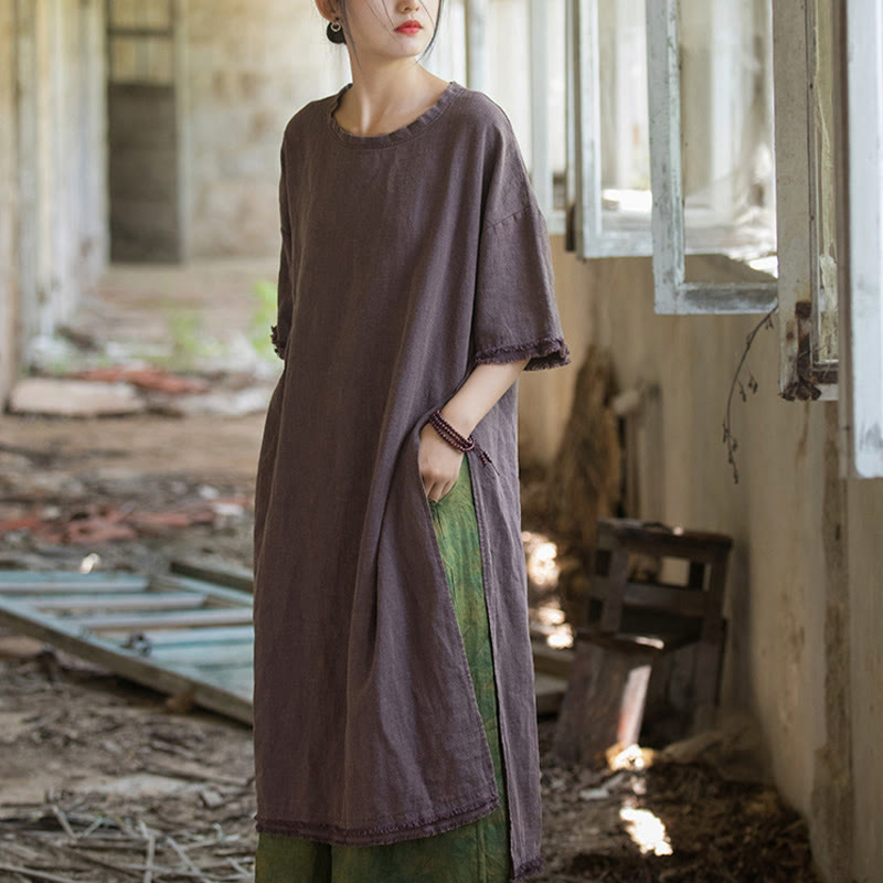 Camiseta de manga corta para mujer con estampado de Buddha Stones , ramio y lino, con bajo dividido. - image 16