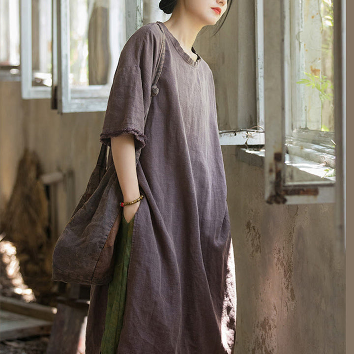 Vestido de longitud media con Buddha Stones Top de lino de ramio con media manga y dobladillo dividido - image 21