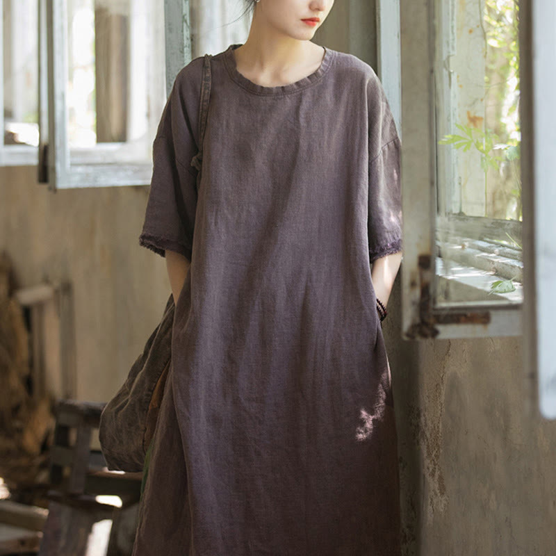 Camiseta de manga corta para mujer con estampado de Buddha Stones , ramio y lino, con bajo dividido. - image 20