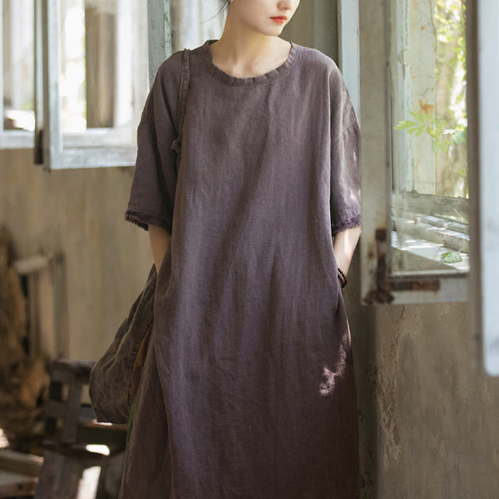Camiseta de manga corta para mujer con estampado de Buddha Stones , ramio y lino, con bajo dividido. - image 20