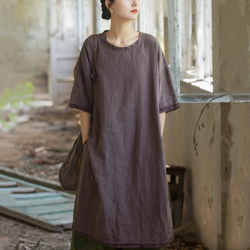 Camiseta de manga corta para mujer con estampado de Buddha Stones , ramio y lino, con bajo dividido. - image 17