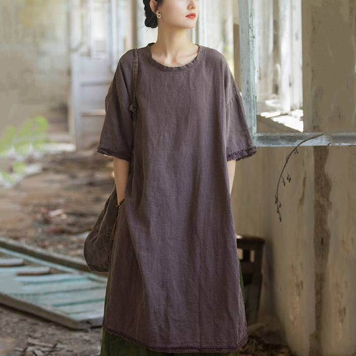 Camiseta de manga corta para mujer con estampado de Buddha Stones , ramio y lino, con bajo dividido. - image 17