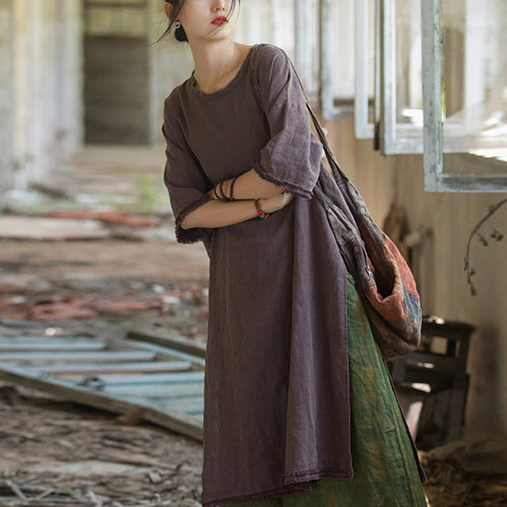 Vestido de longitud media con Buddha Stones Top de lino de ramio con media manga y dobladillo dividido - Morado (Busto 124 cm / Hombro 60 cm / Largo 101-108 cm) (Solo vestido) - image 15