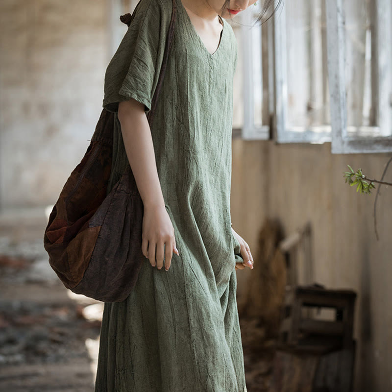 Vestido midi con cuello en V y teñido anudado hecho a mano con Buddha Stones Vestido de manga corta de lino - image 3