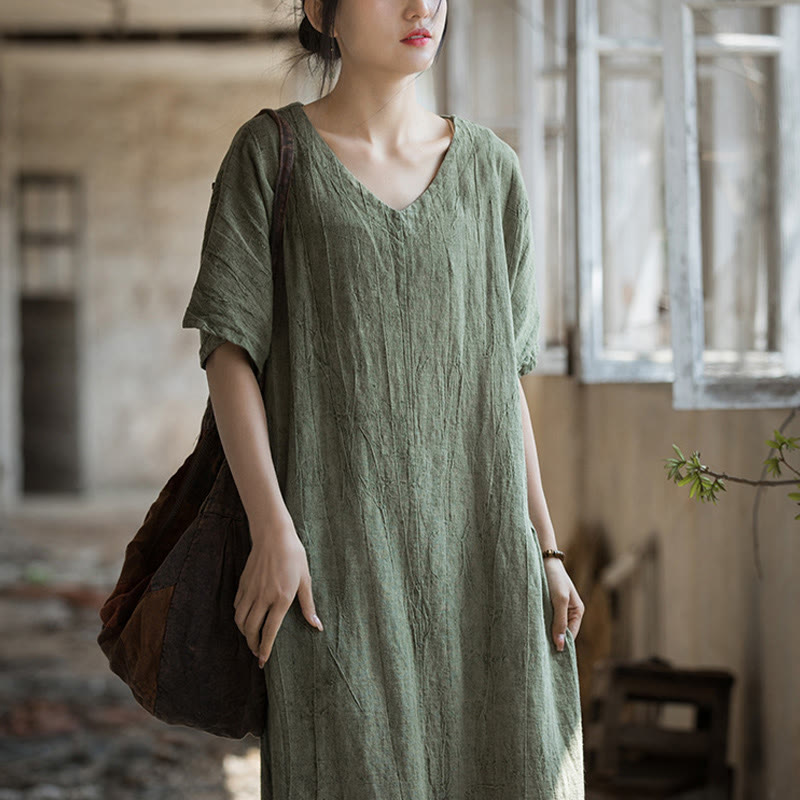 Vestido midi con cuello en V y teñido anudado hecho a mano con Buddha Stones Vestido de manga corta de lino - image 2