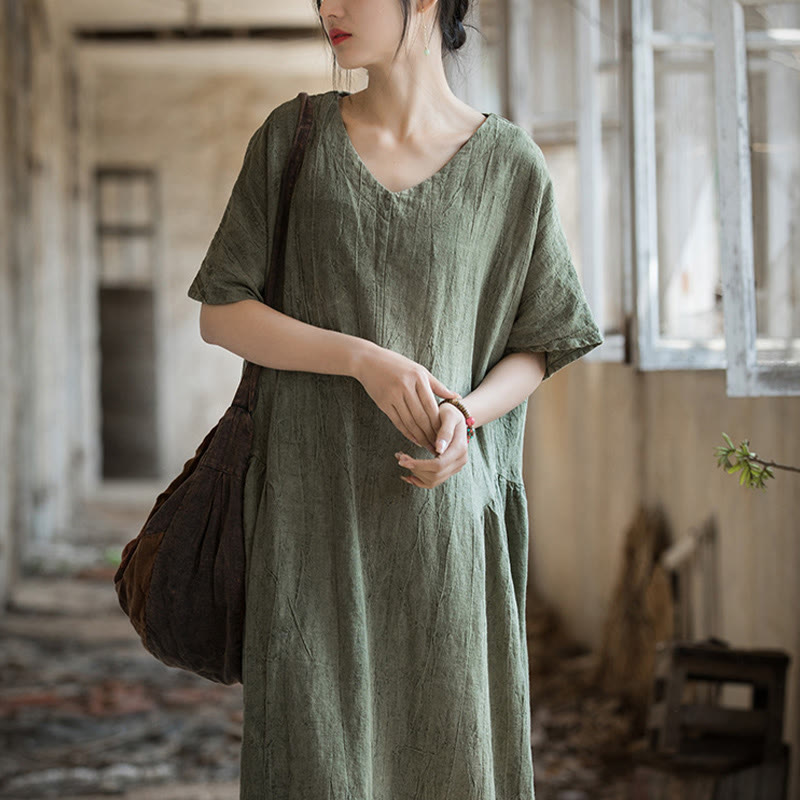 Vestido midi con cuello en V y teñido anudado hecho a mano con Buddha Stones Vestido de manga corta de lino - image 4