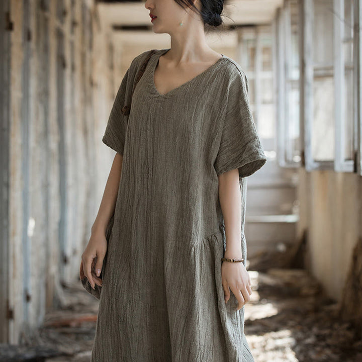 Vestido midi con cuello en V y teñido anudado hecho a mano con Buddha Stones Vestido de manga corta de lino - image 21