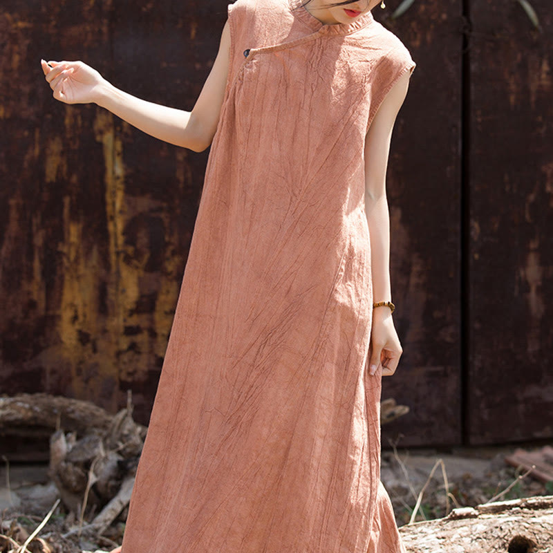 Vestido midi teñido anudado hecho a mano con Buddha Stones Vestido sin mangas de lino - Naranja (Busto 116 cm / Hombro 39 cm / Largo 115 cm) (Solo vestido) - image 0