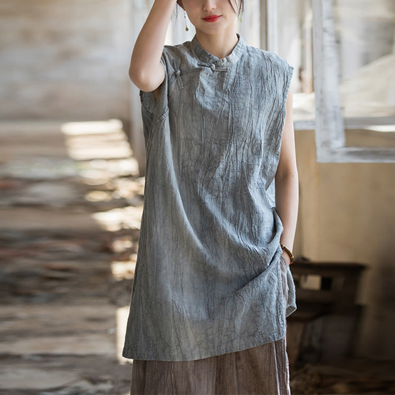 Camiseta sin mangas con botones de rana y lino de ramio teñido anudado hecho a mano con Buddha Stones - image 1