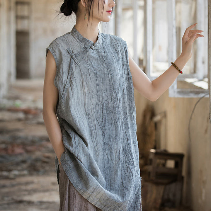 Camiseta sin mangas con botones de rana y lino de ramio teñido anudado hecho a mano con Buddha Stones - image 2