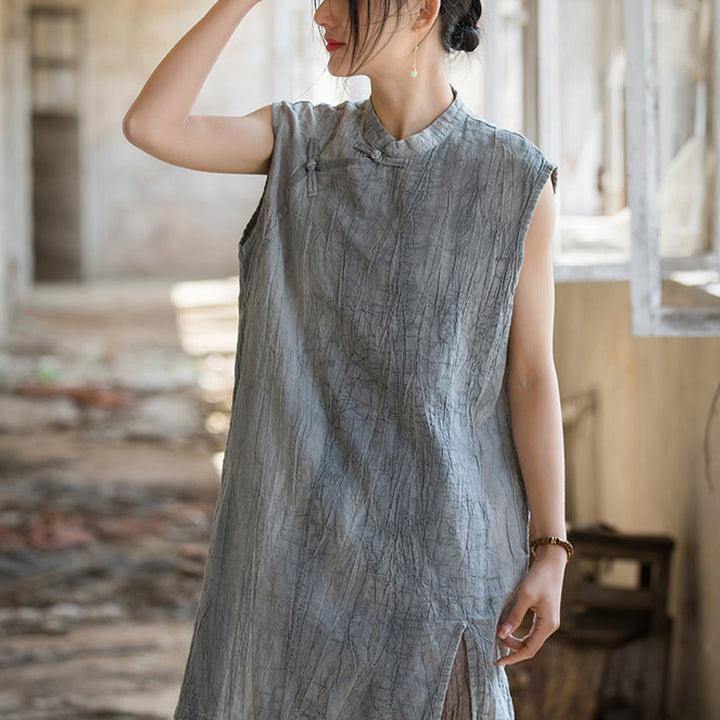 Camiseta sin mangas con botones de rana y lino de ramio teñido anudado hecho a mano con Buddha Stones - image 3