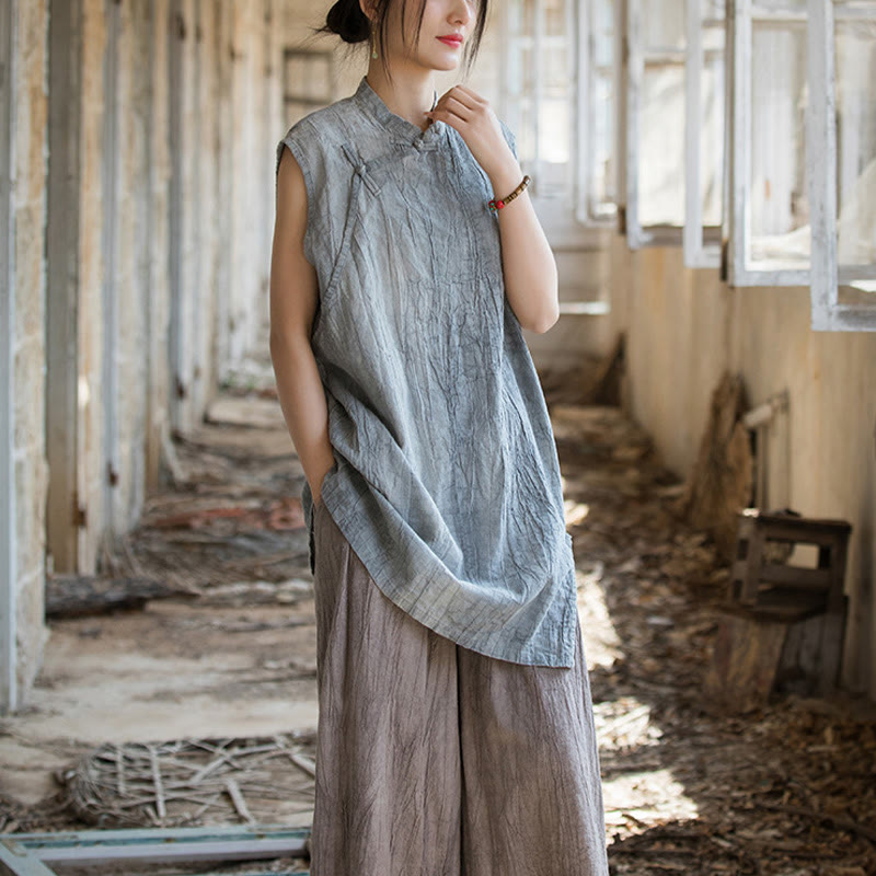 Camiseta sin mangas con botones de rana y lino de ramio teñido anudado hecho a mano con Buddha Stones - image 5