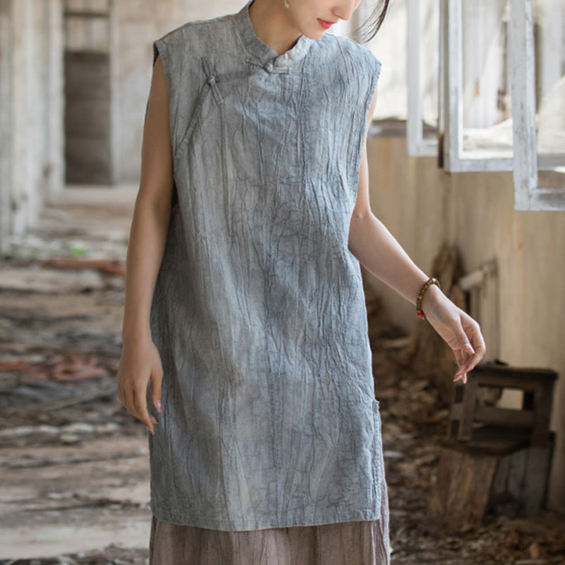 Camiseta sin mangas con botones de rana y lino de ramio teñido anudado hecho a mano con Buddha Stones - Gris (Busto 112 cm / Hombro 42 cm / Largo 84 cm) (Solo la parte superior) - image 0