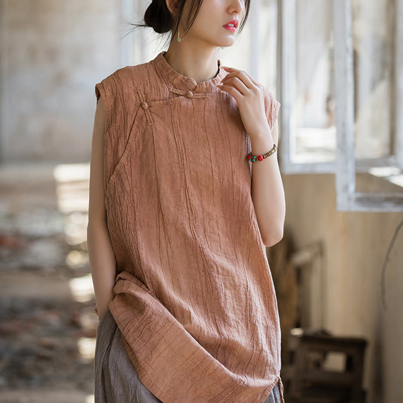 Camiseta sin mangas con botones de rana y lino de ramio teñido anudado hecho a mano con Buddha Stones - image 10