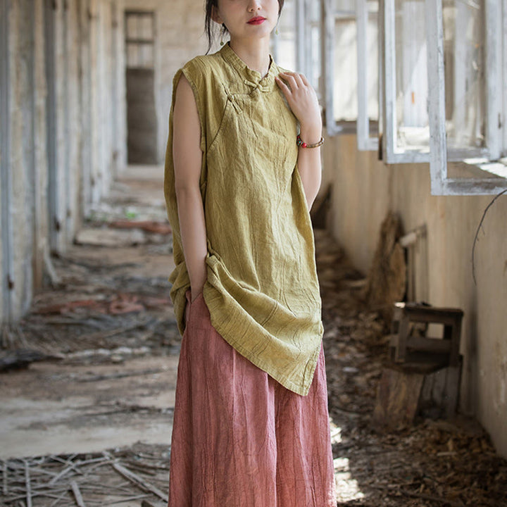 Camiseta sin mangas con botones de rana y lino de ramio teñido anudado hecho a mano con Buddha Stones - image 19