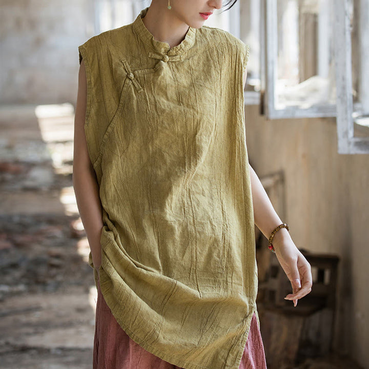 Camiseta sin mangas con botones de rana y lino de ramio teñido anudado hecho a mano con Buddha Stones - image 15