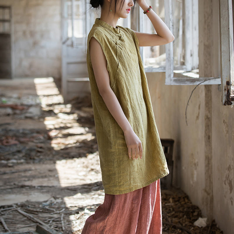 Camiseta sin mangas con botones de rana y lino de ramio teñido anudado hecho a mano con Buddha Stones - image 18