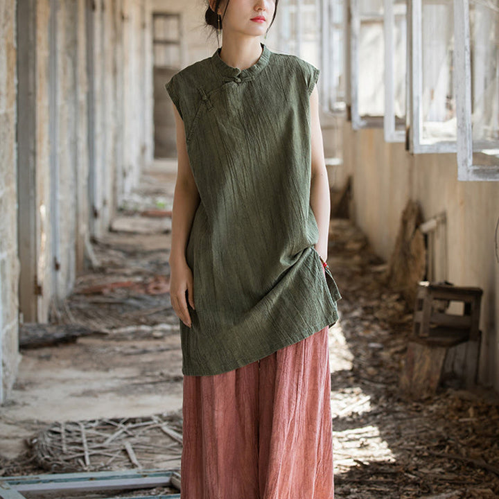 Camiseta sin mangas con botones de rana y lino de ramio teñido anudado hecho a mano con Buddha Stones - image 25