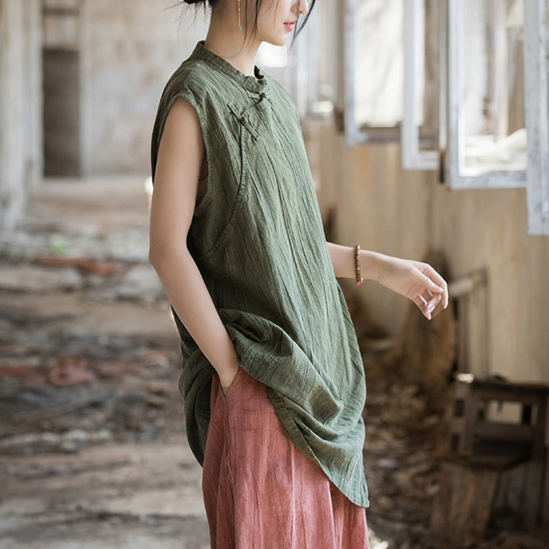 Camiseta sin mangas con botones de rana y lino de ramio teñido anudado hecho a mano con Buddha Stones - image 23