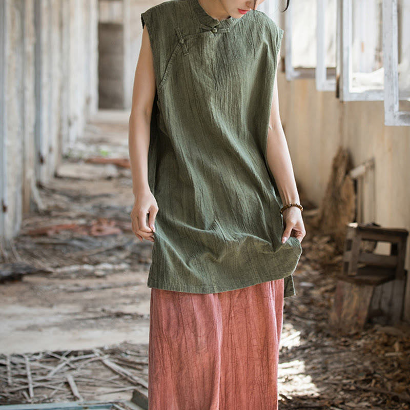 Camiseta sin mangas con botones de rana y lino de ramio teñido anudado hecho a mano con Buddha Stones - image 26