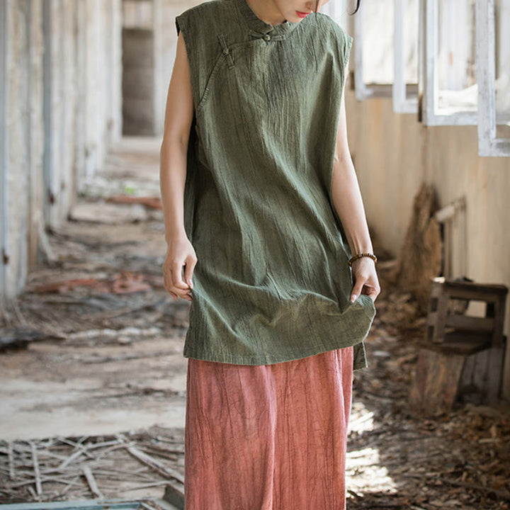 Camiseta sin mangas con botones de rana y lino de ramio teñido anudado hecho a mano con Buddha Stones - image 26