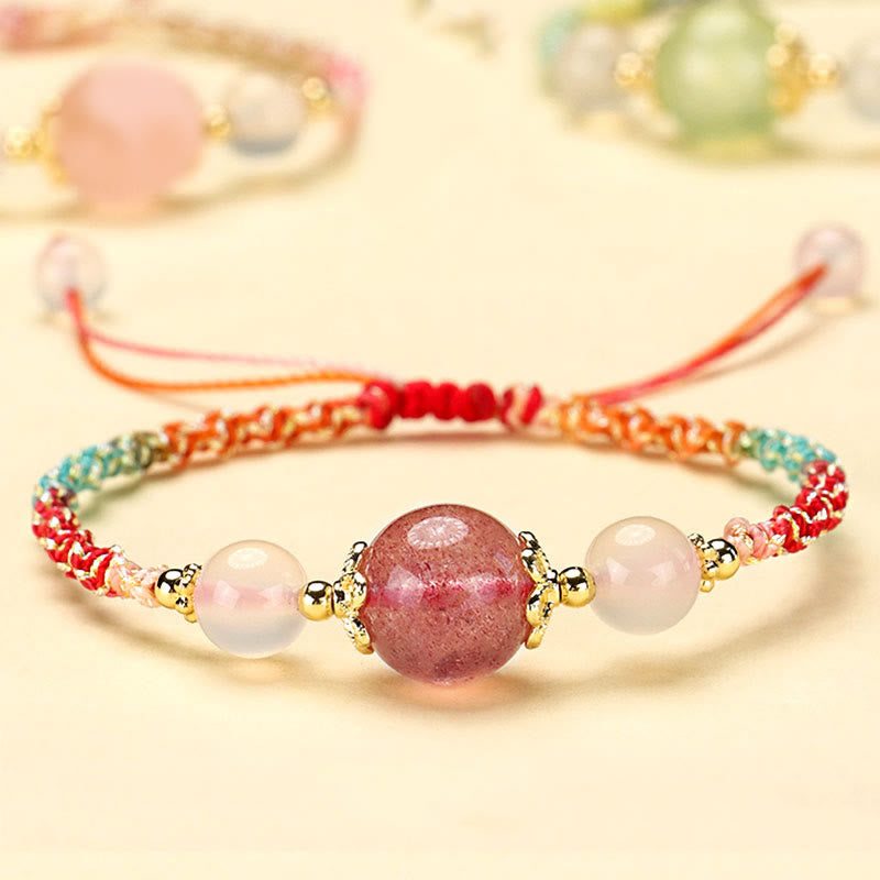 Pulsera de cuerda curativa con cuentas de ágata blanca y prehnita de cristal rosa de cuarzo fresa con Buddha Stones - Cuarzo fresa (circunferencia de la muñeca: 14-18 cm) - image 0