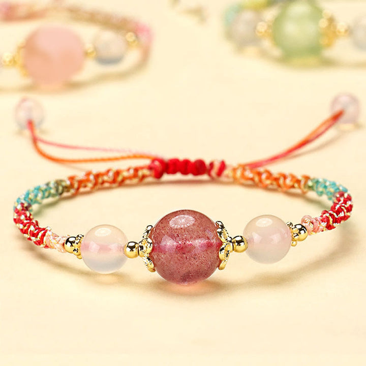 Pulsera de cuerda curativa con cuentas de ágata blanca y prehnita de cristal rosa de cuarzo fresa con Buddha Stones - Cuarzo fresa (circunferencia de la muñeca: 14-18 cm) - image 0