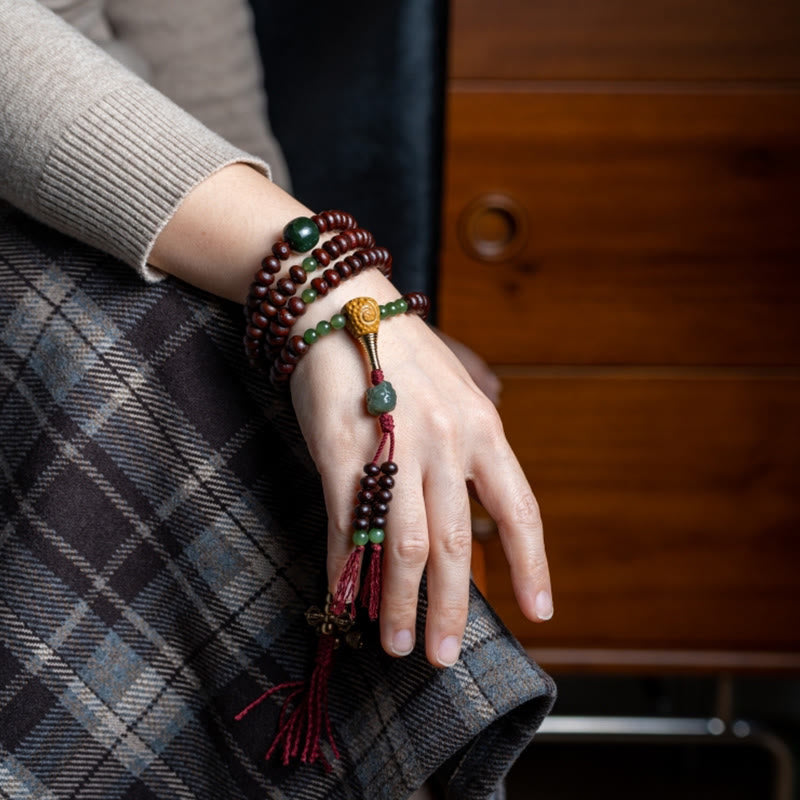 Buddha Stones Pulsera de la paz con 108 cuentas de mala tibetanas, semillas de bodhi moradas, jade cian hetiano, cobre y dorje. - image 11