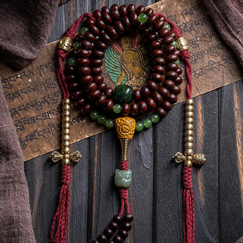 Buddha Stones Pulsera de la paz con 108 cuentas de mala tibetanas, semillas de bodhi moradas, jade cian hetiano, cobre y dorje. - image 14