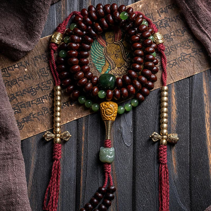Buddha Stones Pulsera de la paz con 108 cuentas de mala tibetanas, semillas de bodhi moradas, jade cian hetiano, cobre y dorje. - image 14