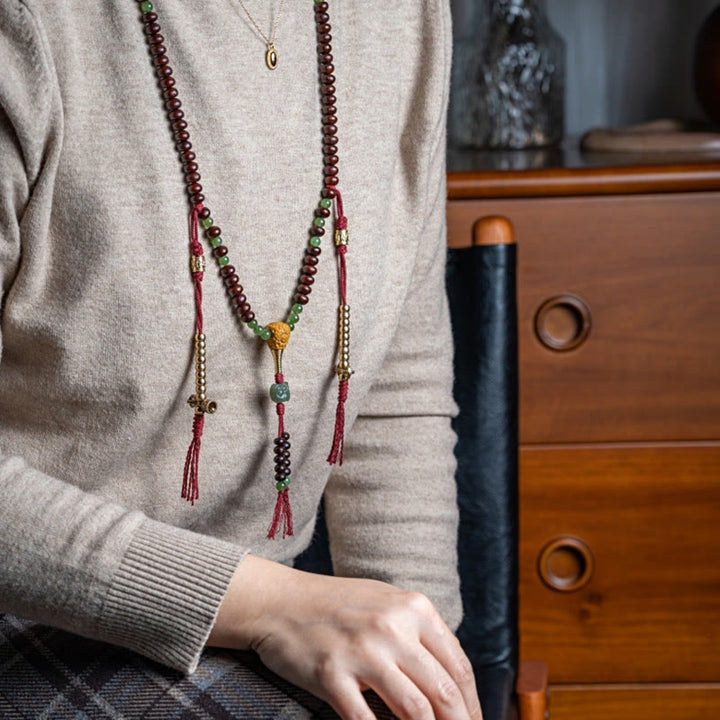 Buddha Stones Pulsera de la paz con 108 cuentas de mala tibetanas, semillas de bodhi moradas, jade cian hetiano, cobre y dorje. - image 10