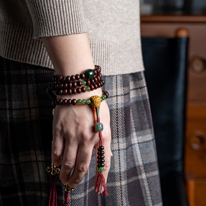 Buddha Stones Pulsera de la paz con 108 cuentas de mala tibetanas, semillas de bodhi moradas, jade cian hetiano, cobre y dorje. - image 15