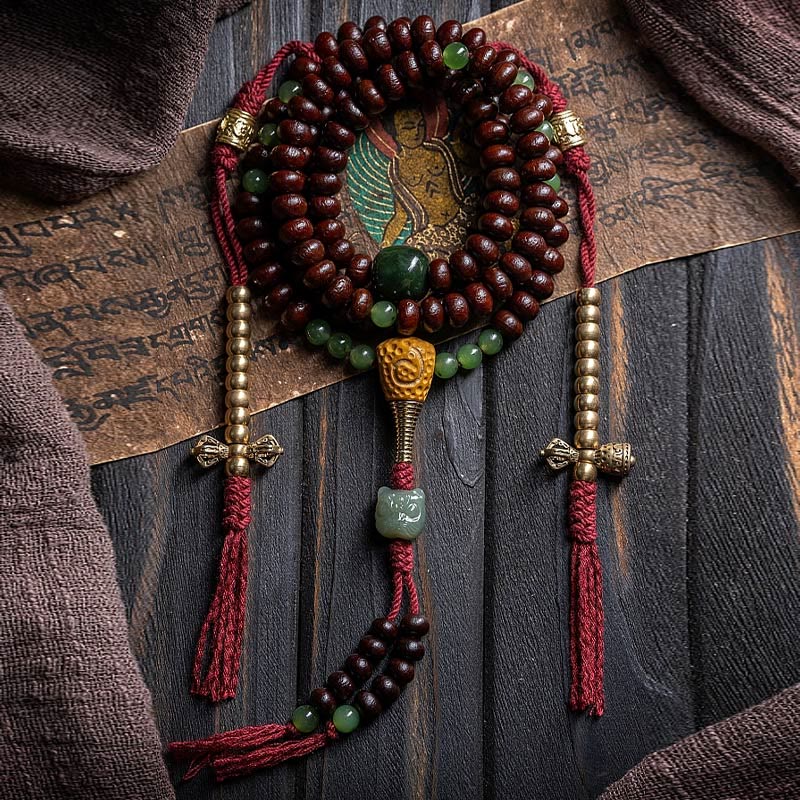 Buddha Stones Pulsera de la paz con 108 cuentas de mala tibetanas, semillas de bodhi moradas, jade cian hetiano, cobre y dorje. - Cuerda de algodón no elástica - 9 mm - image 0