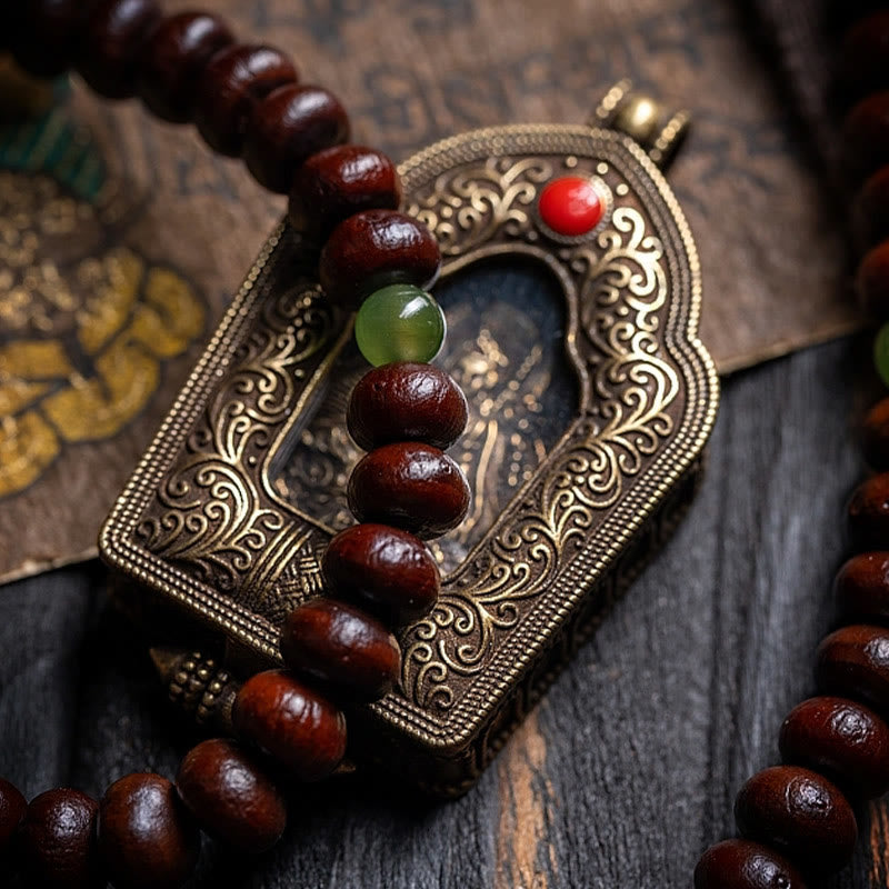 Buddha Stones Pulsera de la paz con 108 cuentas de mala tibetanas, semillas de bodhi moradas, jade cian hetiano, cobre y dorje. - image 5