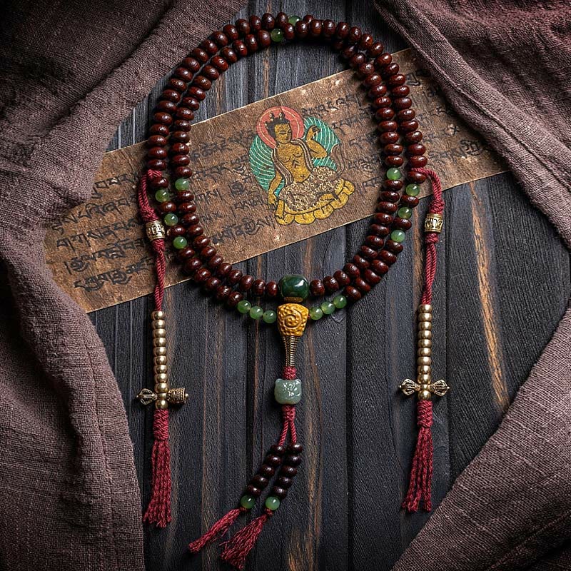 Buddha Stones Pulsera de la paz con 108 cuentas de mala tibetanas, semillas de bodhi moradas, jade cian hetiano, cobre y dorje. - image 1