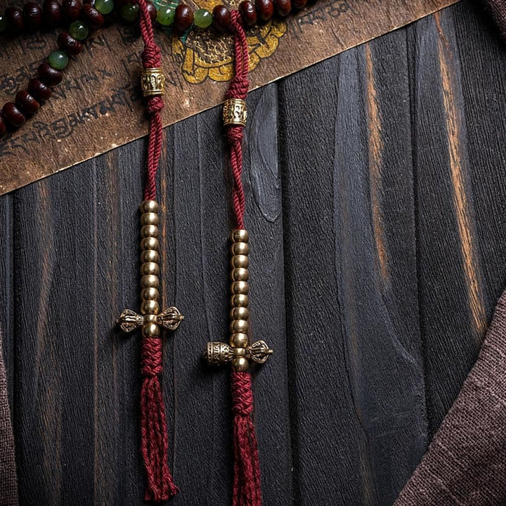 Buddha Stones Pulsera de la paz con 108 cuentas de mala tibetanas, semillas de bodhi moradas, jade cian hetiano, cobre y dorje. - image 9