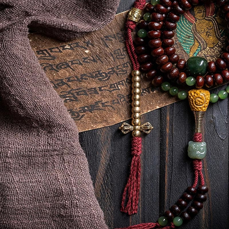Buddha Stones Pulsera de la paz con 108 cuentas de mala tibetanas, semillas de bodhi moradas, jade cian hetiano, cobre y dorje. - image 4
