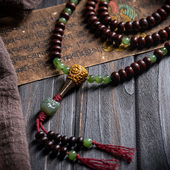 Buddha Stones Pulsera de la paz con 108 cuentas de mala tibetanas, semillas de bodhi moradas, jade cian hetiano, cobre y dorje. - image 7