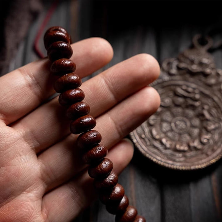 Buddha Stones Pulsera de la paz con 108 cuentas de mala tibetanas, semillas de bodhi moradas, jade cian hetiano, cobre y dorje. - image 17