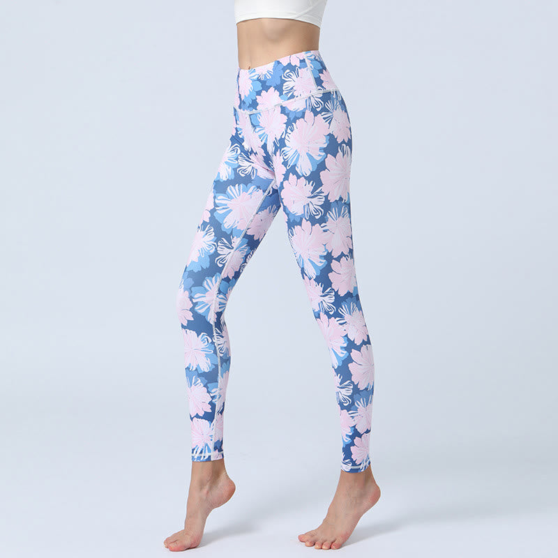 Leggings de cintura alta para mujer con estampado de Buddha Stones - Flores azules y rosas - US8-10, UK/AU12-14, EU40-42 (XL) - image 7