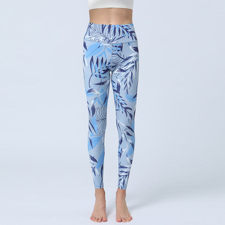 Leggings de cintura alta para mujer con estampado de Buddha Stones - Hojas de color azul claro - US8-10, UK/AU12-14, EU40-42 (XL) - image 10