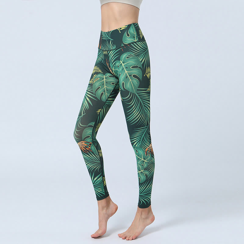Leggings de cintura alta para mujer con estampado de Buddha Stones , para deportes, fitness, yoga - Hojas verdes - US8-10, UK/AU12-14, EU40-42 (XL) - image 1