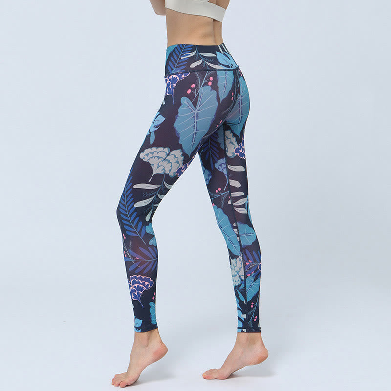 Leggings de cintura alta para mujer con estampado de Buddha Stones , para deportes, fitness, yoga - Hojas de color azul oscuro - US8-10, UK/AU12-14, EU40-42 (XL) - image 10