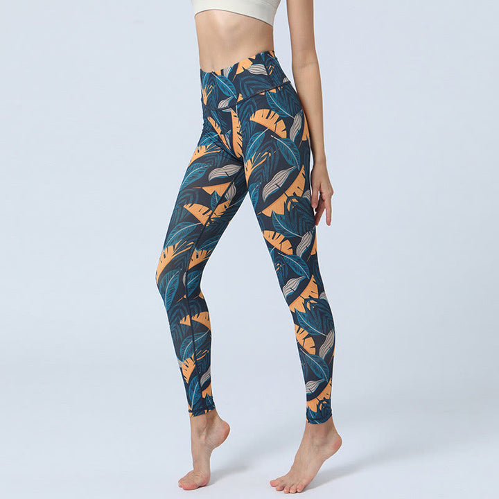Leggings de cintura alta para mujer con estampado de Buddha Stones , para deportes, fitness, yoga - Hojas de color azul anaranjado - US8-10, UK/AU12-14, EU40-42 (XL) - image 13