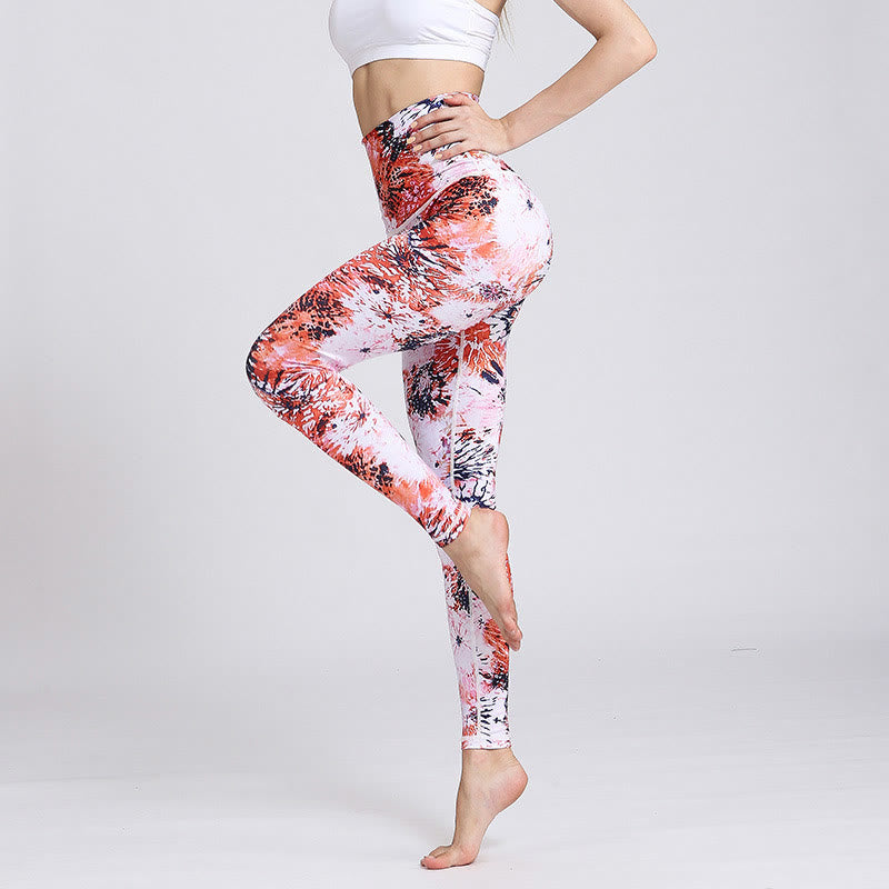 Buddha Stones Leggings deportivos de cintura alta con estampado de flores rojas y rosas para mujer - XL(cintura 67 cm/cadera 87 cm/longitud 94,5 cm) - image 0