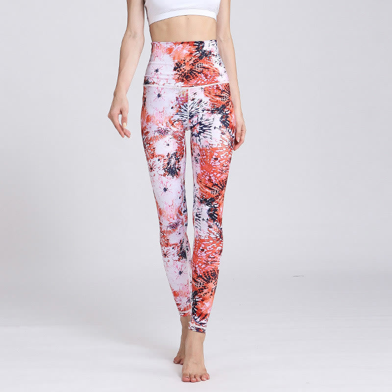 Buddha Stones Leggings deportivos de cintura alta con estampado de flores rojas y rosas para mujer - image 1