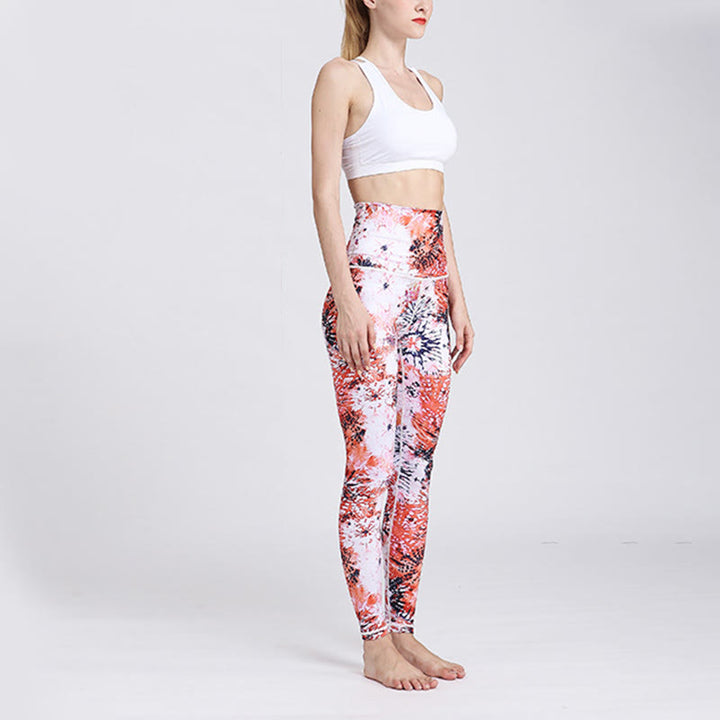 Buddha Stones Leggings deportivos de cintura alta con estampado de flores rojas y rosas para mujer - image 5