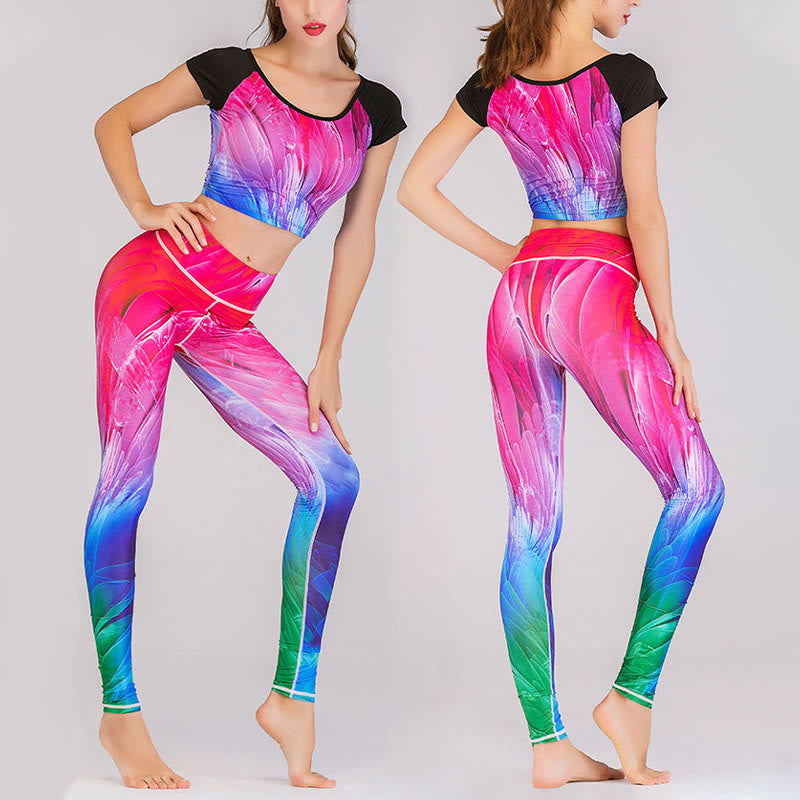 Conjunto de 2 piezas de pantalones y parte superior con estampado de degradado de color de chica misteriosa de mundo submarino con Buddha Stones , conjuntos de yoga para mujer para fitness y deportes - Color degradado - US12，UK/AU16，EU44 (XL)  - image 7